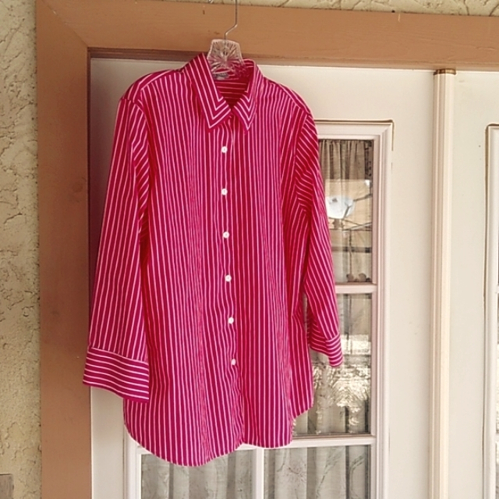 Foxcroft Red and White Striped Button Down Shirt